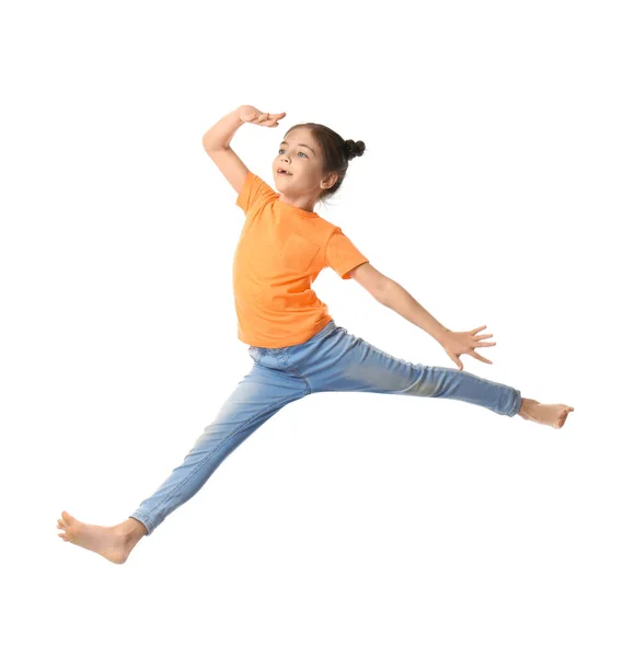 Nettes Kleines Mädchen Springt Auf Weißem Hintergrund — Stockfoto