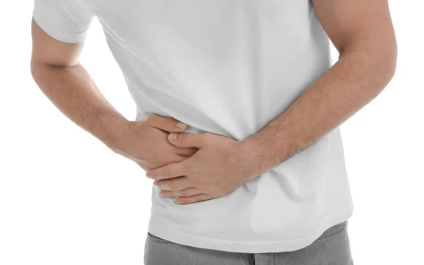 Man Suffering Pain Lower Right Abdomen White Background Closeup Acute — Stock Photo, Image