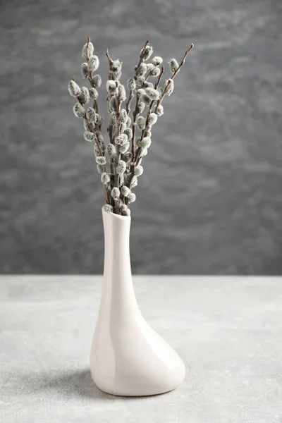 Beautiful Pussy Willow Branches Vase Light Grey Table — Stock fotografie