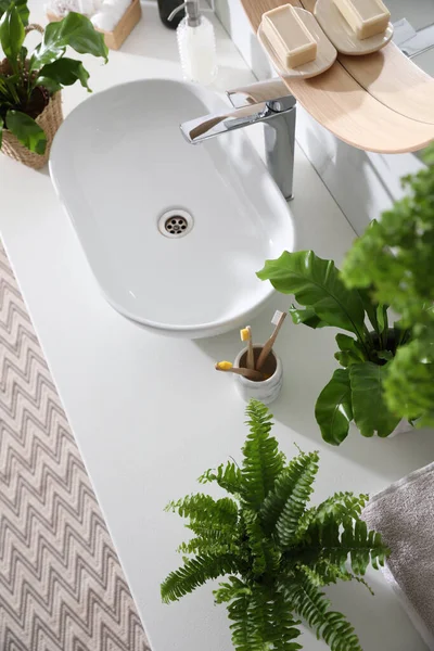 Prachtige Groene Varens Toiletartikelen Aanrecht Badkamer Bovenaanzicht — Stockfoto