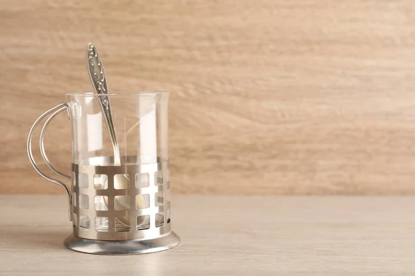 Portavasos Tradicional Sobre Mesa Madera Espacio Para Texto — Foto de Stock