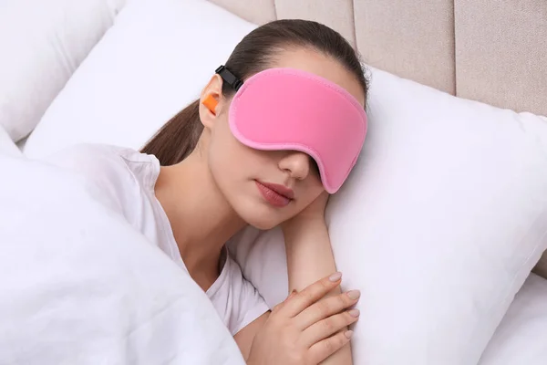 Young Woman Foam Ear Plugs Mask Sleeping Bed — Stock Photo, Image