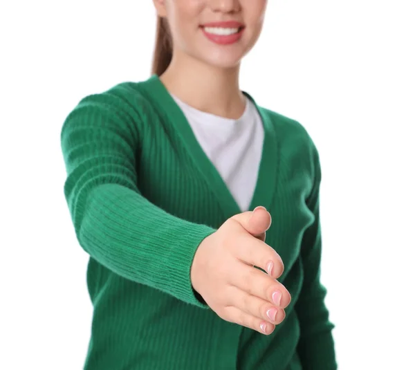 Feliz Joven Mujer Ofreciendo Apretón Manos Sobre Fondo Blanco Primer — Foto de Stock