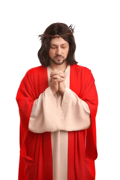 Jesus Cristo Com Coroa Espinhos Orando Sobre Fundo Branco — Fotografia de Stock