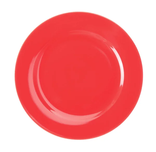 New Clean Red Plate Isolated White Top View — Stock Photo, Image