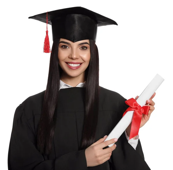 Šťastný Student Maturitní Klobouk Diplom Bílém Pozadí — Stock fotografie