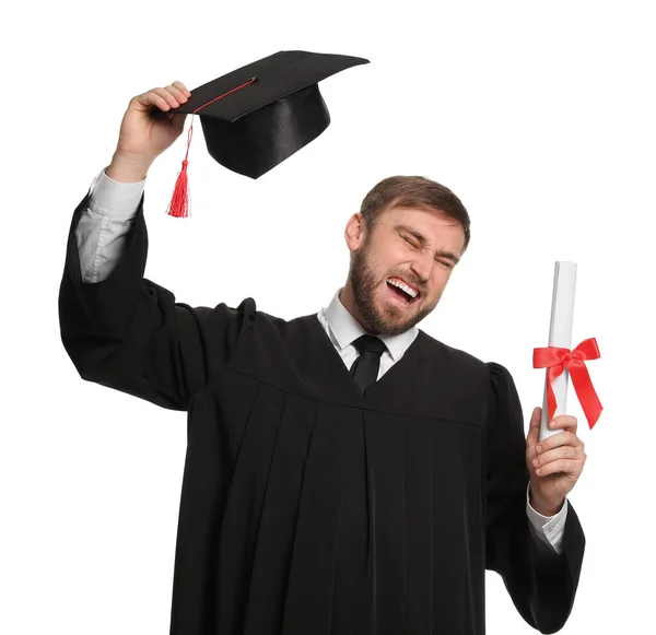 Emotionele Student Met Afstudeerhoed Diploma Witte Achtergrond — Stockfoto