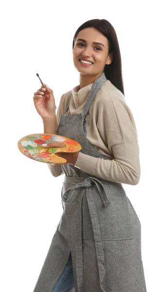 Junge Frau Zeichnet Mit Pinsel Auf Weißem Hintergrund — Stockfoto