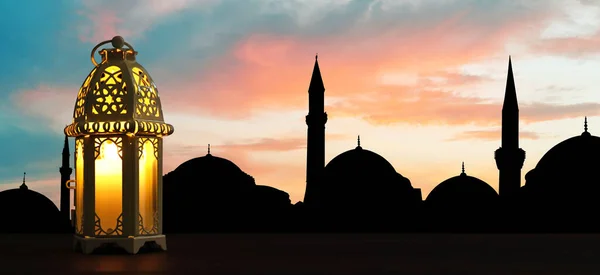 Dekorative Arabische Laterne Auf Holzoberfläche Und Silhouette Der Moschee Bei — Stockfoto