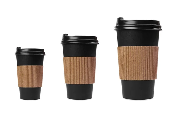 Conjunto Com Diferentes Taças Café Takeaway Fundo Branco — Fotografia de Stock