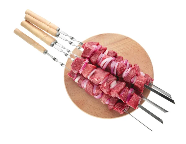 Metal Skewers Raw Meat Onion White Background Top View — Stock Photo, Image