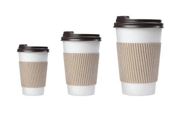 Conjunto Com Diferentes Taças Café Takeaway Fundo Branco — Fotografia de Stock