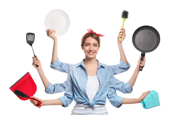 Multitask Huisvrouw Met Veel Handen Houden Verschillende Dingen Witte Achtergrond — Stockfoto