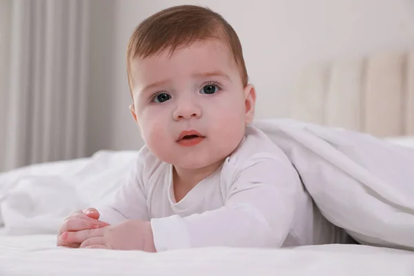 Cute Little Baby Bed Soft Blanket Indoors — Stock Photo, Image