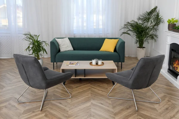 Stilvolles Wohnzimmerinterieur Mit Bequemen Sofas Und Sesseln — Stockfoto