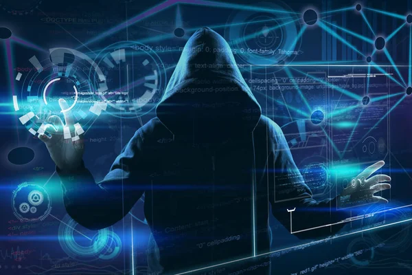 Człowiek Kapturze Cyfrowe Ikony Ciemnym Tle Koncepcja Cyberataku — Zdjęcie stockowe