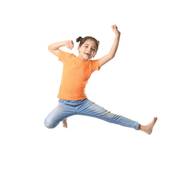 Cute Little Girl Jumping White Background — Stock Photo, Image