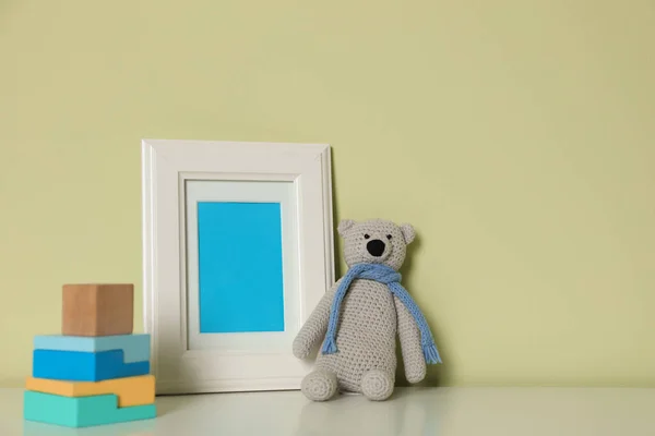 Empty Photo Frame Toy Bear Building Blocks White Table Light — Stock Photo, Image