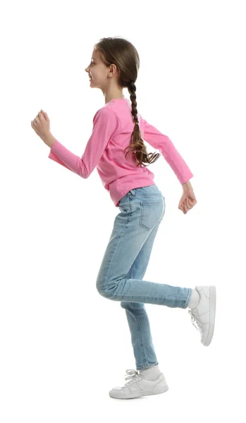 Linda Niña Corriendo Sobre Fondo Blanco — Foto de Stock