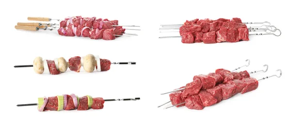 Metal Skewers Raw Meat White Background Collage Banner Design — Stock Photo, Image