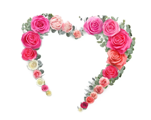 Herz Aus Schönen Rosen Auf Weißem Hintergrund — Stockfoto