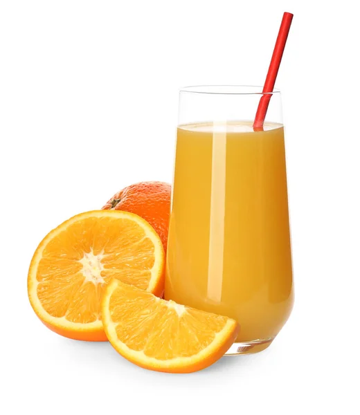 橙汁和白底新鲜水果 — 图库照片