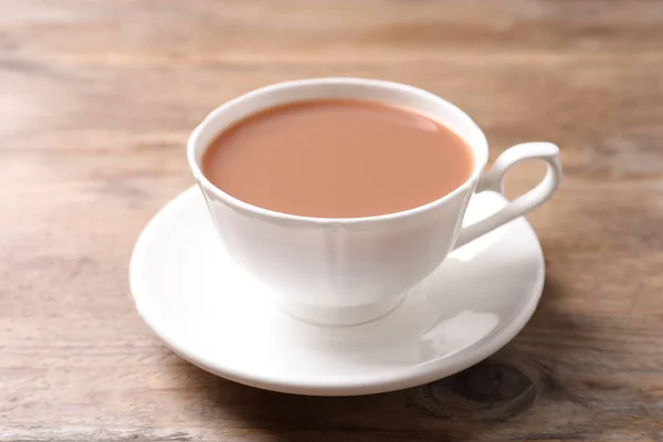 Delicioso Con Leche Taza Blanca Sobre Mesa Madera — Foto de Stock