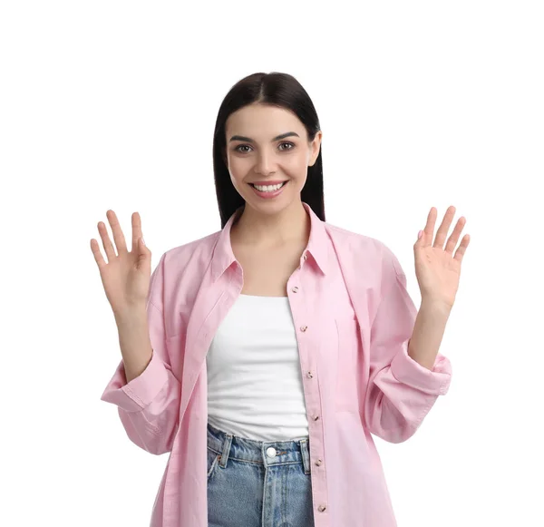 Atractiva Mujer Joven Mostrando Gesto Saludo Sobre Fondo Blanco — Foto de Stock