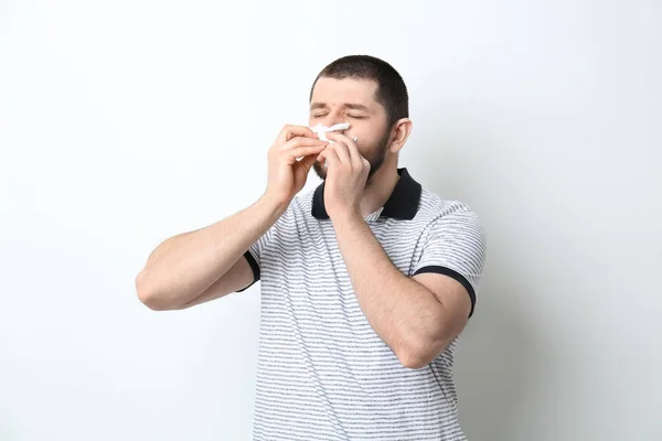 Man Tissue Suffering Runny Nose White Background — Stock Photo, Image