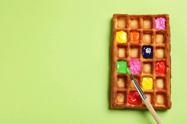 Waffle Different Paints Brush Light Green Background Top View Space — Stock Photo, Image