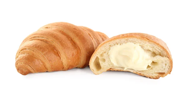 Deliciosos Croissants Con Crema Sobre Fondo Blanco — Foto de Stock