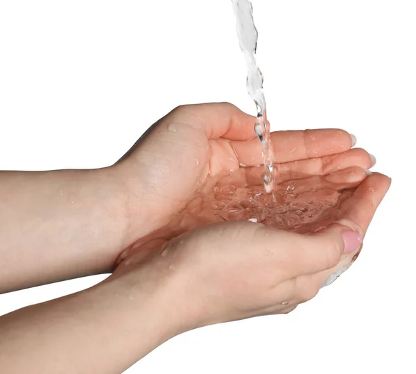 Despejar Água Nas Mãos Mulher Sobre Fundo Cinza Close — Fotografia de Stock