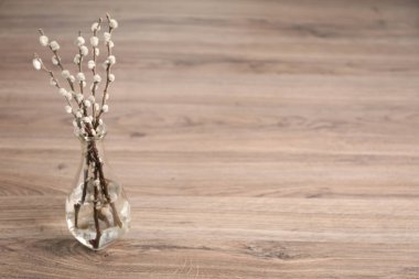 Beautiful pussy willow branches in vase on wooden table, space for text