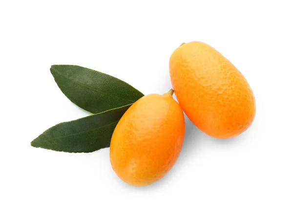 Fresh Ripe Kumquats Green Leaves White Background Top View — Stock Photo, Image
