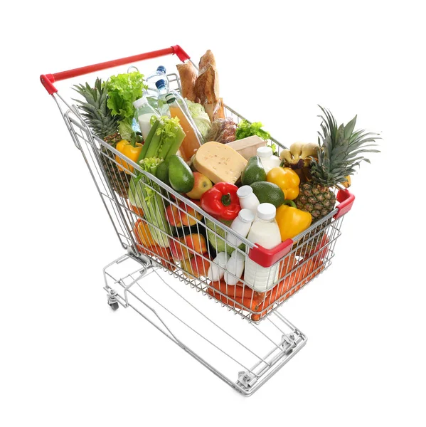 Carrello Acquisti Con Generi Alimentari Sfondo Bianco — Foto Stock