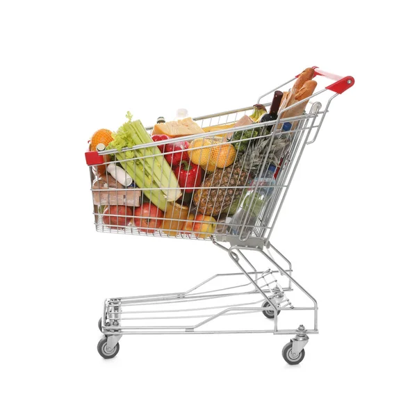 Einkaufswagen Voller Lebensmittel Auf Weißem Hintergrund — Stockfoto