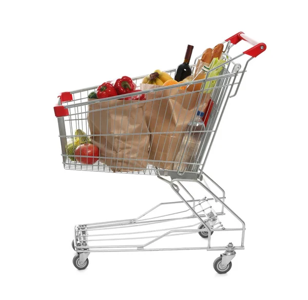 Winkelwagen Vol Boodschappen Witte Achtergrond — Stockfoto