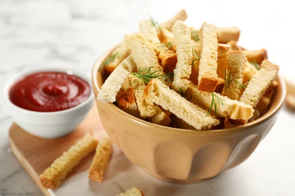 Delicious Hard Chucks Ketchup Wooden Board Closeup — Stock Photo, Image