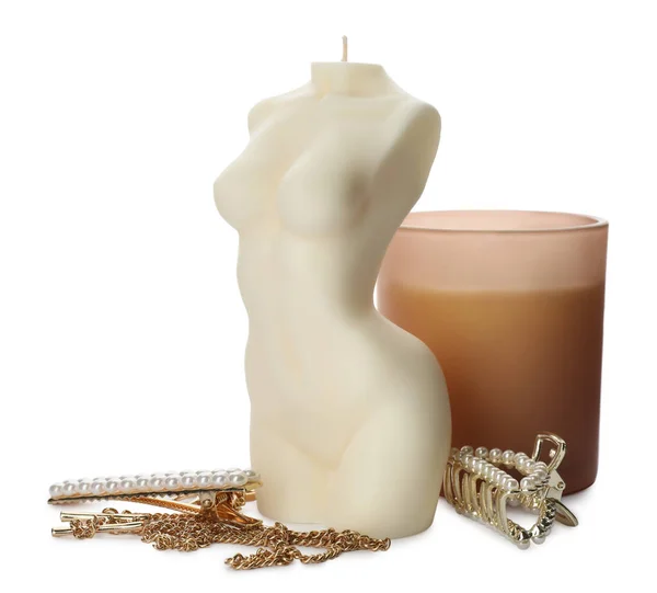 Beautiful Female Body Shape Candle Accessories White Background — Stock Photo, Image