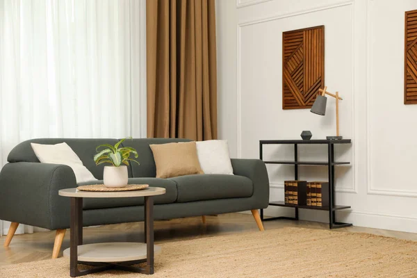 Piękna Sofa Poduszkami Salonie Projekt Wnętrza — Zdjęcie stockowe