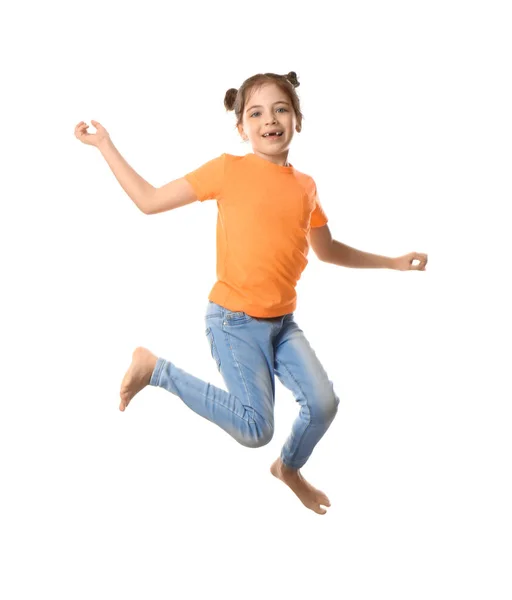 Nettes Kleines Mädchen Springt Auf Weißem Hintergrund — Stockfoto