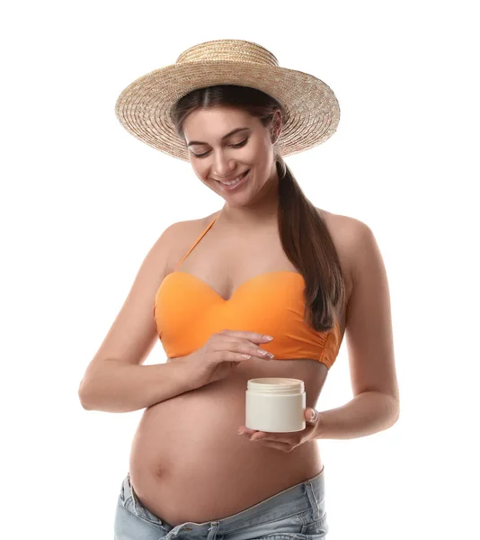 Młoda Kobieta Ciąży Kremem Ochrony Przed Słońcem Białym Tle — Zdjęcie stockowe