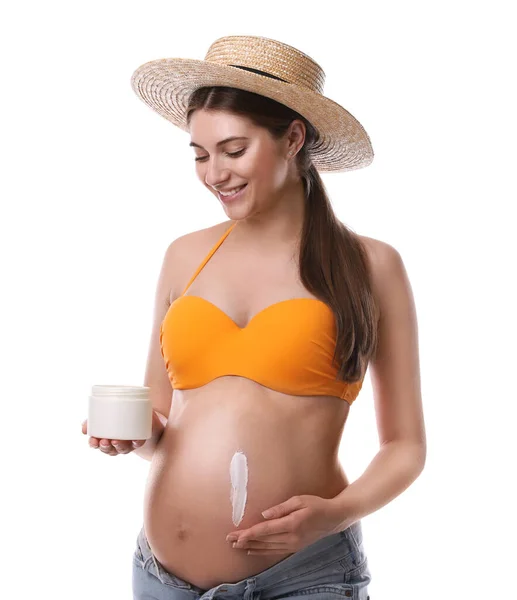 Jovem Mulher Grávida Com Creme Proteção Solar Fundo Branco — Fotografia de Stock