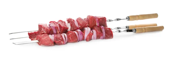 Metal Skewers Raw Meat Onion White Background — Stock Photo, Image
