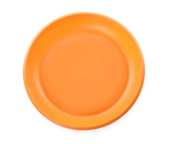 Disposable Orange Plastic Plate Isolated White Top View — Stock Photo, Image