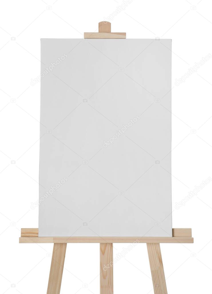 Wooden easel with blank sheet of paper isolated on white