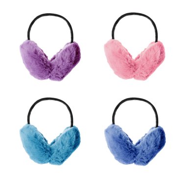 Set with different colorful soft earmuffs on white background clipart