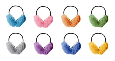 Set with different colorful soft earmuffs on white background. Banner design clipart