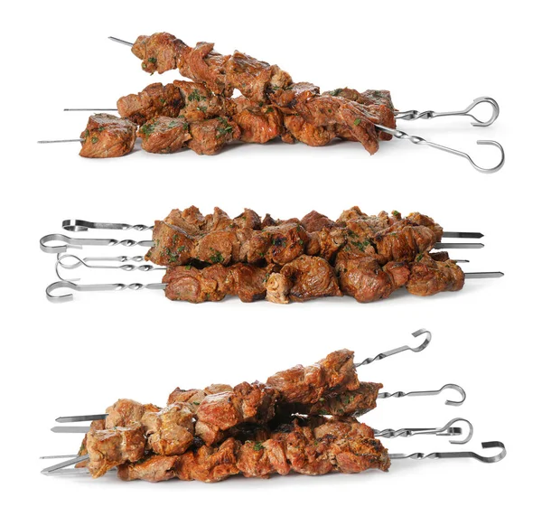 Metal Skewers Delicious Meat White Background Collage — Stock Photo, Image