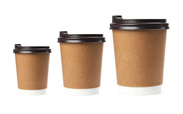 Set Con Diferentes Tazas Café Para Llevar Sobre Fondo Blanco — Foto de Stock